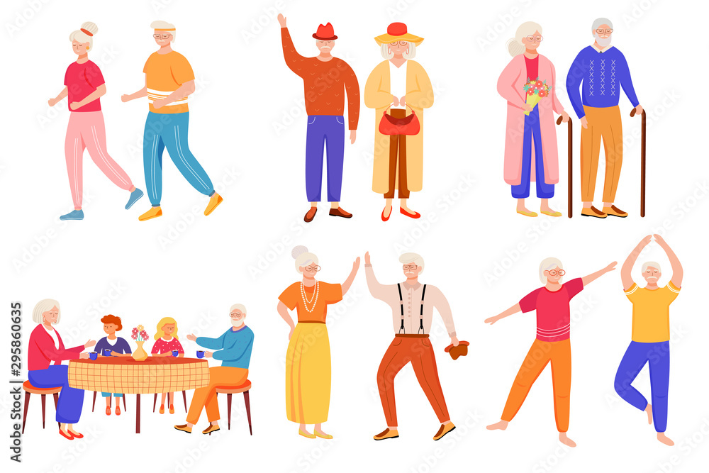 Retired people flat vector illustrations set. Senior age family romantic pastime. Healthy lifestyle. Old couple spends time together. Pensioners isolated cartoon characters