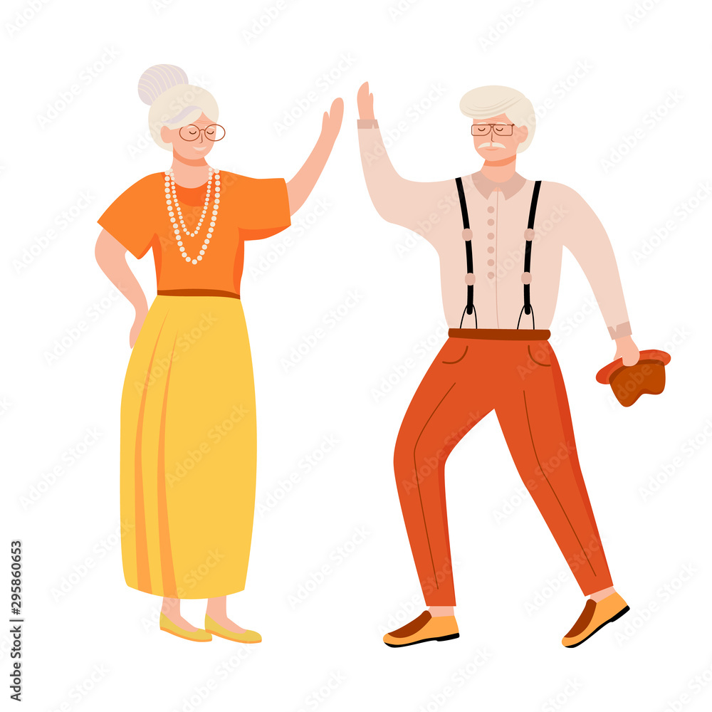Retired people dancing flat vector illustration. Senior age family. Old couple spends time together. Romantic pastime. Pensioners in retro clothing cartoon isolated characters on white background Retired people dancing flat vector illustration. Senior age family. Old couple spends time together. Romantic pastime. Pensioners in retro clothing cartoon isolated characters on white background