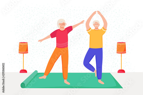 Retired people training flat vector illustration. Physical exercise. Healthy lifestyle. Old couple spends time together. Pensioners doing yoga at home cartoon characters