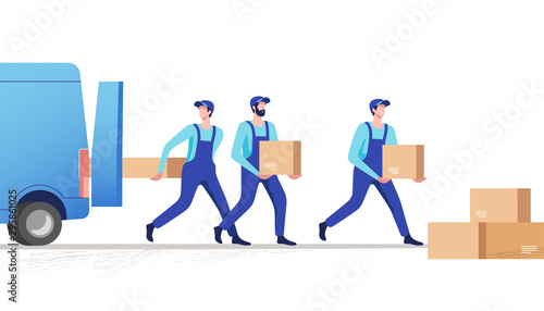 Delivery service and logistics. Movers unloading cardboard boxes from van. Vector illustration.