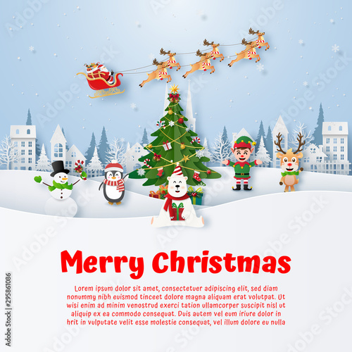 Origami paper art of Christmas postcard copy space with Christmas cartoon charactor, Merry Christmas and Happy New Year