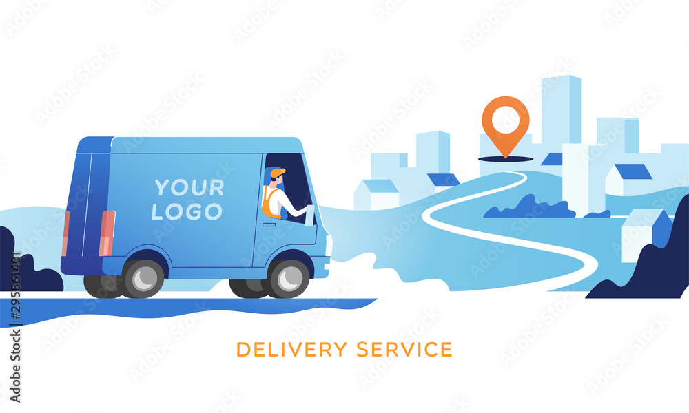 Delivery truck with man is carrying parcels on points. Concept online map, tracking, service. Vector illustration.	