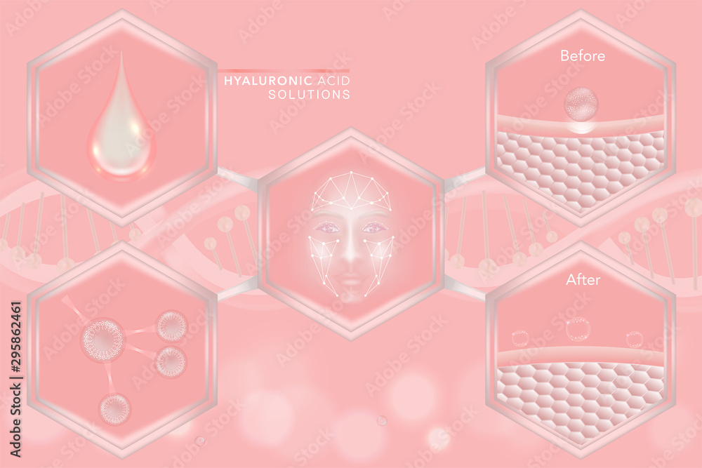 Hyaluronic acid before and after skin solutions ad, pink collagen serum drop with cosmetic advertising background ready to use, illustration vector. Hyaluronic acid before and after skin solutions ad, pink collagen serum drop with cosmetic advertising background ready to use, illustration vector.