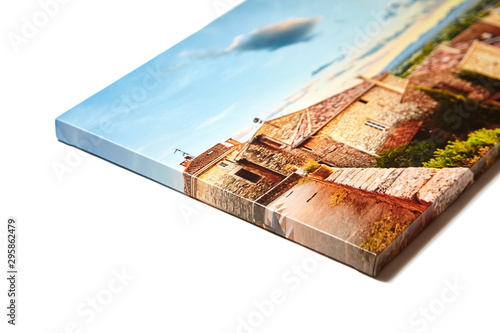 Canvas photo print isolated on white background. Colorful photography with gallery wrap. Photo printed on glossy canvas