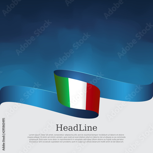 Italy flag background. Wavy ribbon color flag of italy on a blue white background. National poster. Vector tricolor design. State italian patriotic banner, flyer, cover