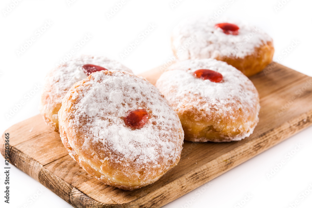 Hanukkah sufganiyot isolated on white background. Traditional Jewish donuts for Hanukkah. Hanukkah sufganiyot isolated on white background. Traditional Jewish donuts for Hanukkah.