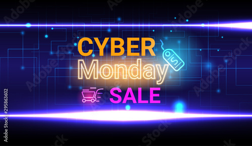 Cyber monday banner with circuit and glowing light
