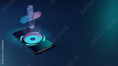 3D rendering neon holographic phone plus symbol icon on dark background