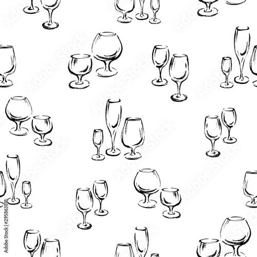 Seamless pattern of outlines different wine glasses