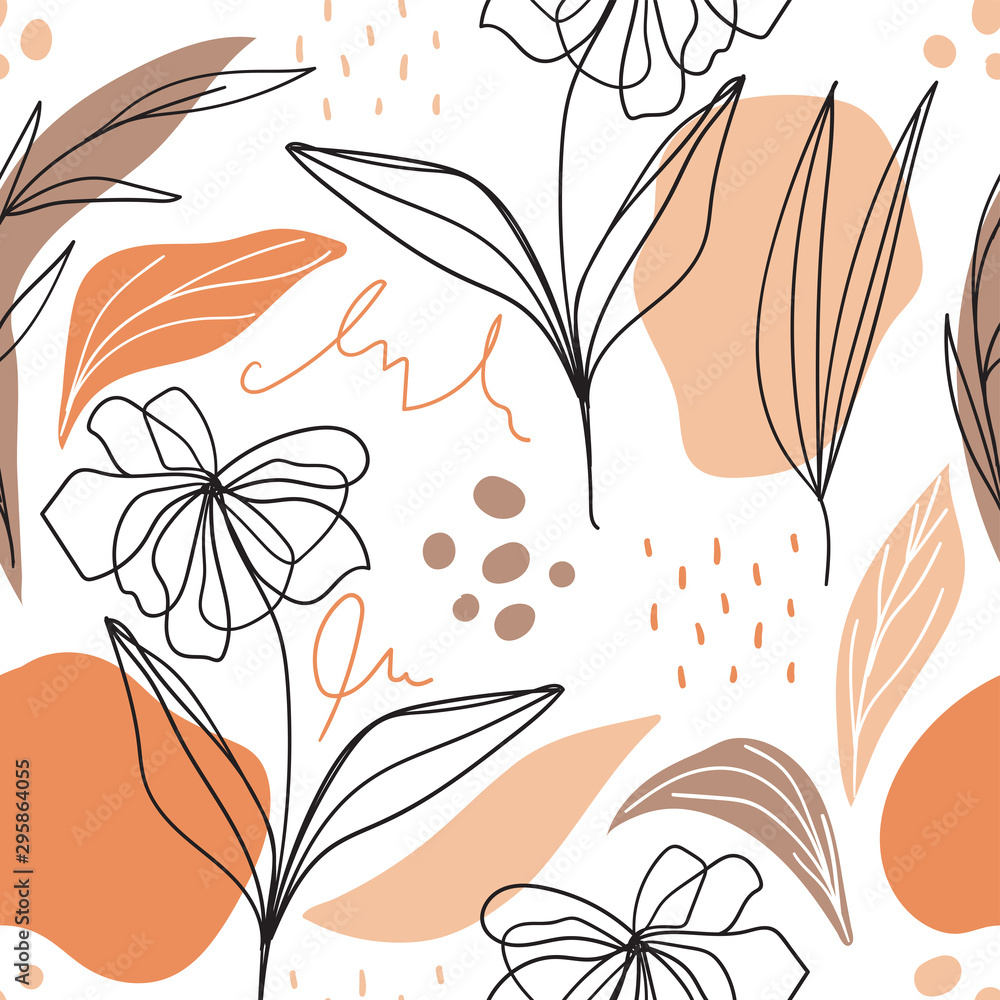 Peel and stick wall murals Modern floral seamless pattern with abstract  shapes for print, fabric, wallpaper. Scandinavian aesthetic background.  Hand drawn floral background. 