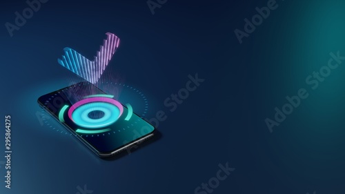 3D rendering neon holographic phone symbol of angle down icon on dark background