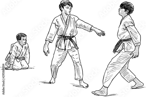 Sketch of teen boys in wrestling training in gym