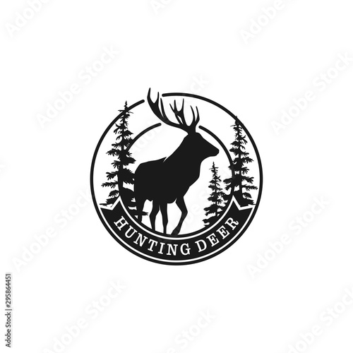 Hunting deer adventure - outdoor logo design with deer and pine tree element