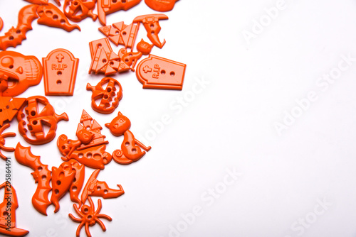 Halloween set decorations on white background. top view