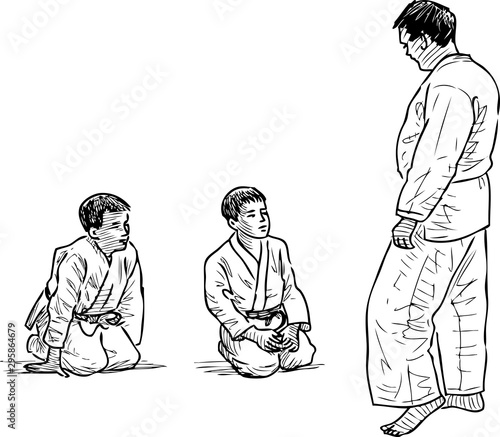 Sketch of wrestling trainer and his small pupils in gym