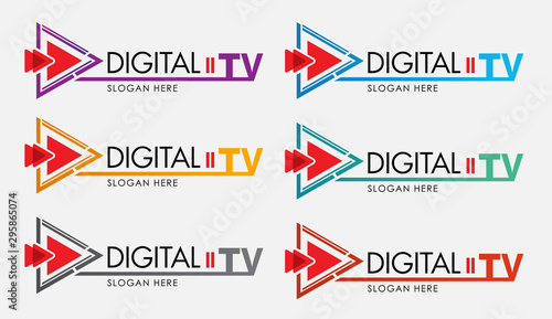 Digital TV logo Template. Media company logo or film production studio or audio-visual studio or on-line media. TV company. Creative media television logotype. Abstract colored vector play logotype.