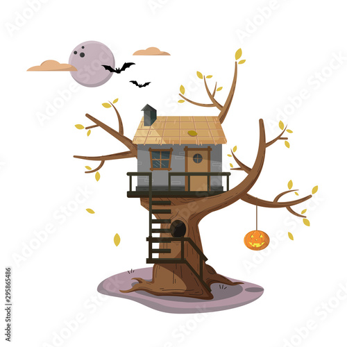 Autumn funny halloween tree house abstract illustration on a white background.