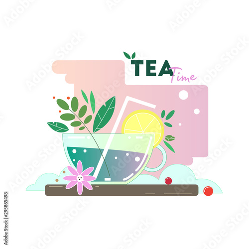 Summer fresh abstract illustration with a cup of tea and herbs.