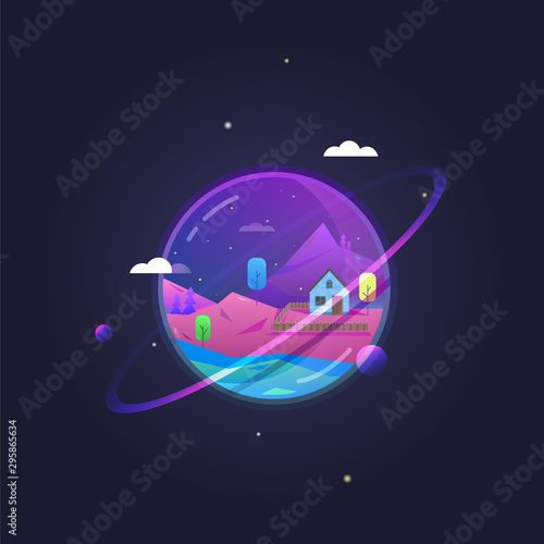 Illustration on the theme of space with a planet inside which the house and trees are located.
