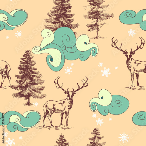 Christmas in the forest seamless pattern. Deers  pine trees and clouds