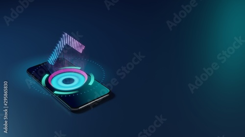 3D rendering neon holographic phone symbol of up arrows  icon on dark background