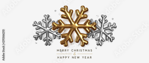 Merry Christmas and Happy New Year. Xmas background 3d render volume snowflake with bright gems. holiday vector illustration