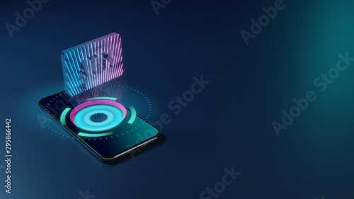 3D rendering neon holographic phone symbol of atm sign icon on dark background