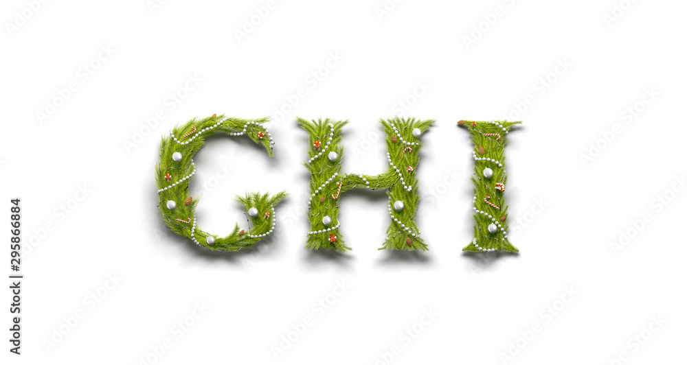 Decorative G H I letters, christmas font mockup isolated Decorative G H I letters, christmas font mockup isolated