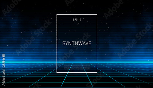 Synthwave blue cyber laser grid with glowing fog and horizon on starry space background. Design for poster, cover, wallpaper, web, banner, etc.