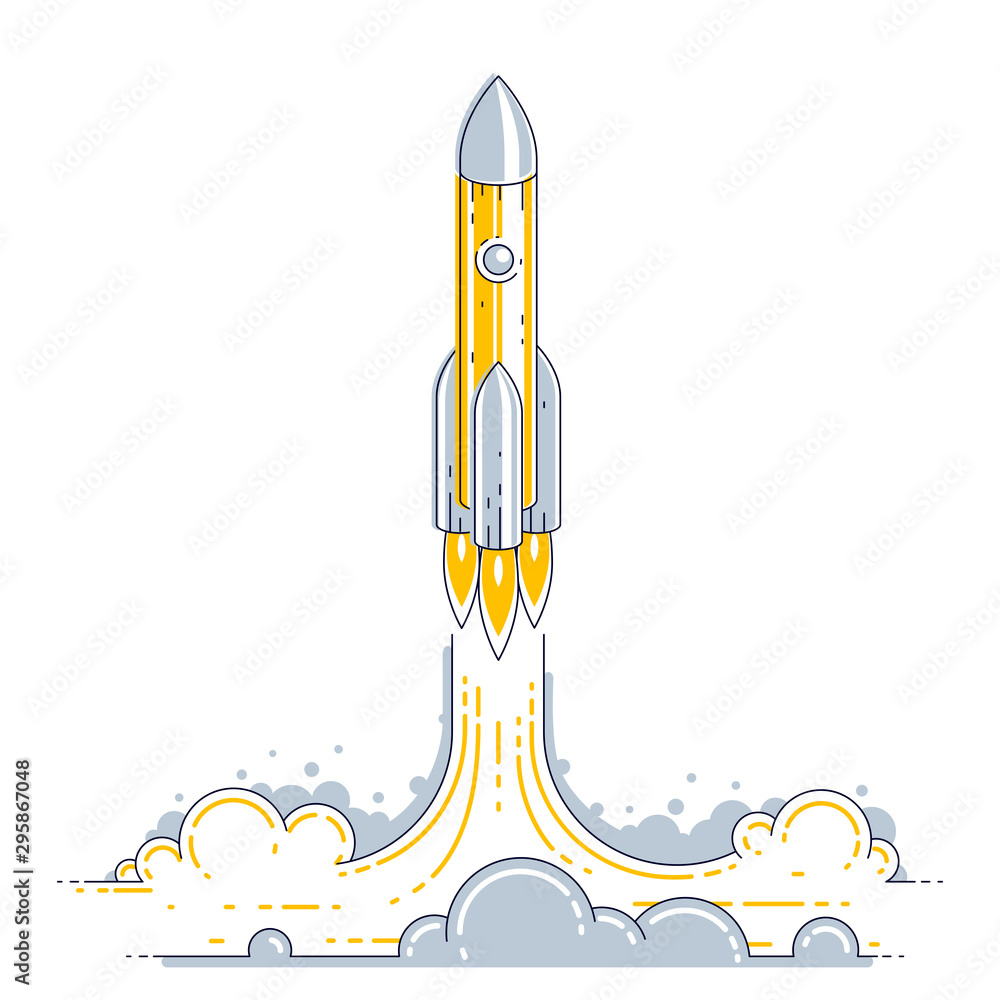 Fototapeta premium Rocket launch into undiscovered space. Explore universe, breathtaking space science. Thin line 3d vector illustration isolated on white.