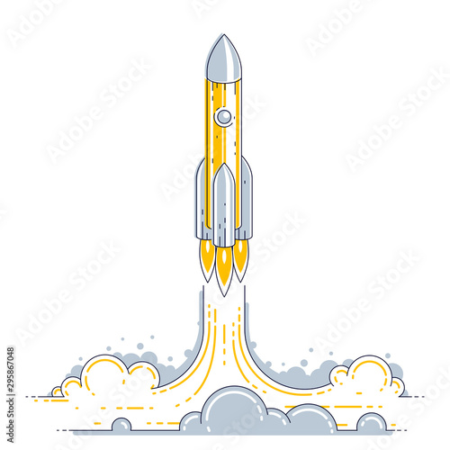 Rocket launch into undiscovered space. Explore universe, breathtaking space science. Thin line 3d vector illustration isolated on white.