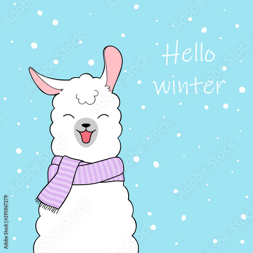 Hello winter. Cute cartoon llama wearing knitted scarf. Hand drawn illustration