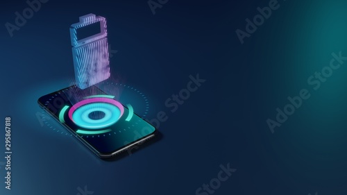 3D rendering neon holographic phone vertical symbol of two third charged battery icon on dark background