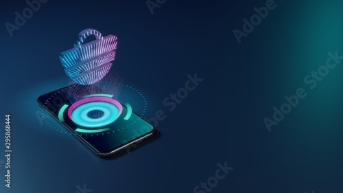 3D rendering neon holographic phone symbol of beach bag icon on dark background