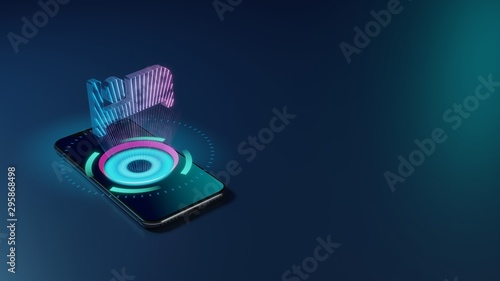 3D rendering neon holographic phone symbol of bed icon on dark background
