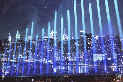 Double exposure of forex chart drawings over cityscape background. Concept of success.