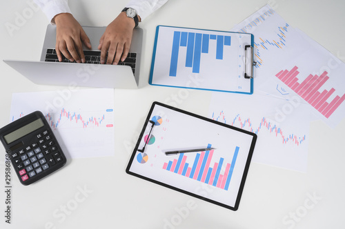 Top view of Professional executive Business colleague team working and analyzing with new project of accounting finance, Idea presentation and meeting strategy plan of financial business investment.