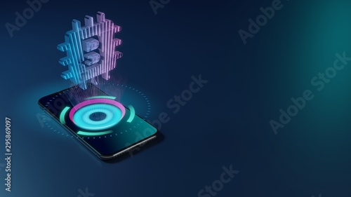 3D rendering neon holographic phone symbol of bitcoin chip icon on dark background