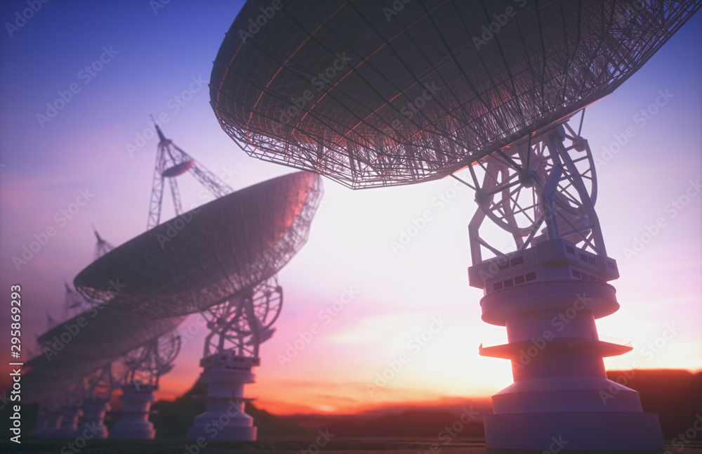 Huge satellite antenna dish for communication and signal reception out of the planet Earth. Observatory searching for radio signal in space at sunset. 3D illustration.