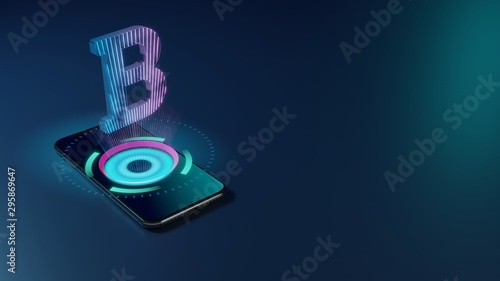 3D rendering neon holographic phone symbol of bold icon on dark background