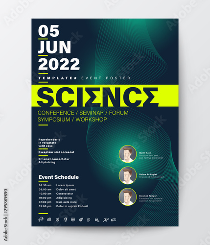 Science conference business design template. Futuristic green wave background for seminar event poster, leaflet, banner, presentation. photo