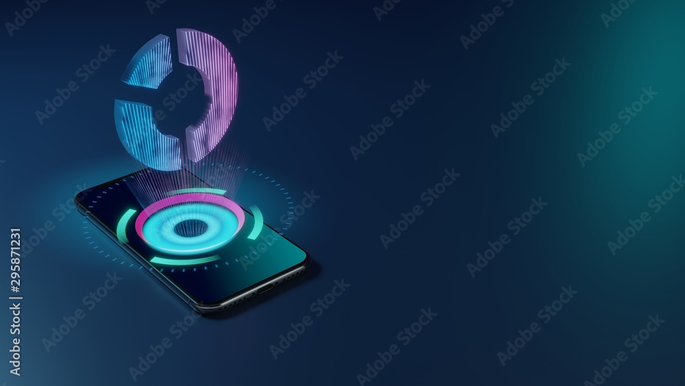 3D rendering neon holographic phone symbol of pie chart icon on dark background 3D rendering neon holographic phone symbol of pie chart icon on dark background