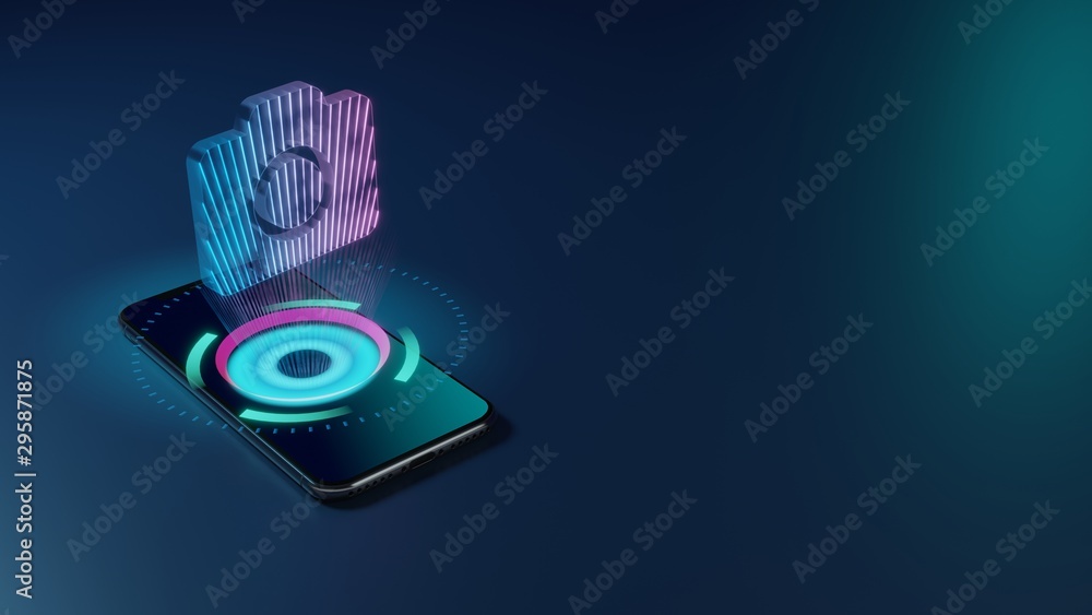 3D rendering neon holographic phone symbol of camera icon on dark background