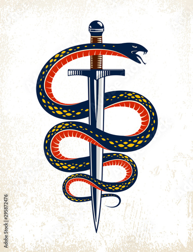 Snake and Dagger, Serpent wraps around a sword vector vintage tattoo, Life is a Fight concept, allegorical logo or emblem of ancient symbol.