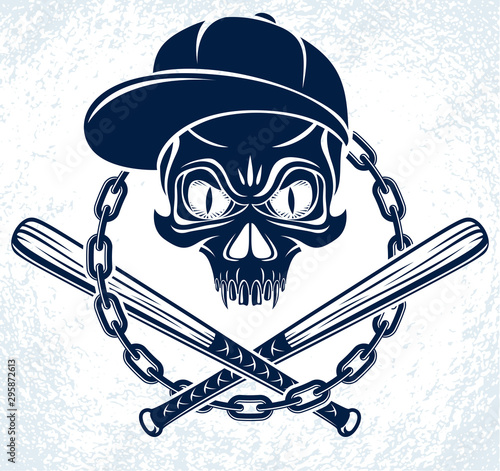 Brutal gangster emblem or logo with aggressive skull baseball bats design elements, vector anarchy crime or terrorism retro style, ghetto revolutionary.
