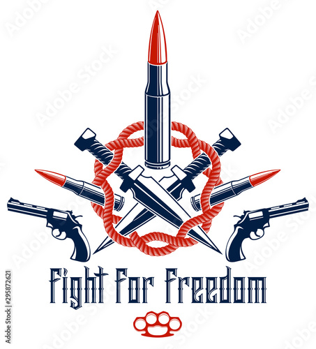 Revolution and War vector emblem with bullets and guns, logo or tattoo with lots of different design elements, riot partisan warrior, criminal and anarchist style, social tension theme.