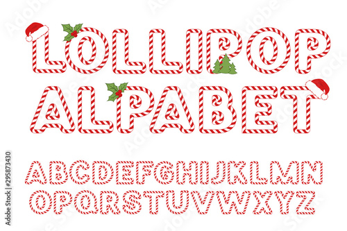 Lollipop alphabet for christmas banners and cards isolated on white background and example of using with decorations. Vector illustration
