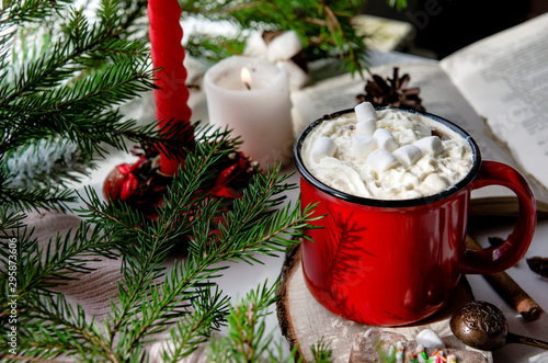 1 red mug with cocoa and marshmallows ,  book, spruce branches, candle