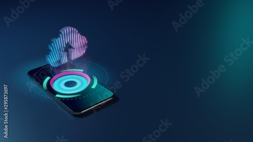 3D rendering neon holographic phone symbol of upload to cloud icon on dark background