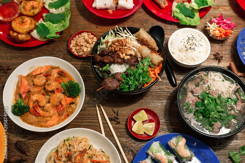 Assortment of Asian dinner, Vietnamese food. Nem ram, Banh Cuon, noodles, rice rolls, Noodles